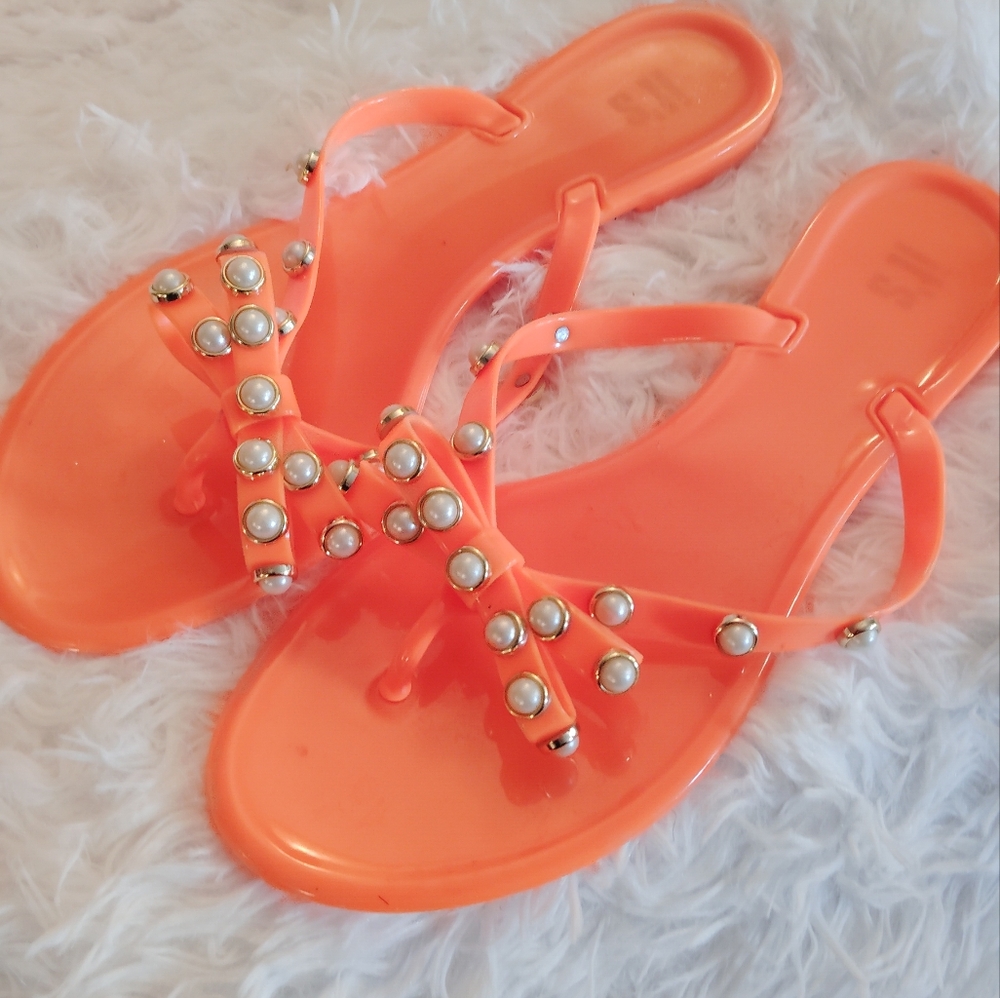 Women Neon Orange Bow Pearl Stud Jelly Thong Flip Flop Slide Sandal Shoe SZ10
